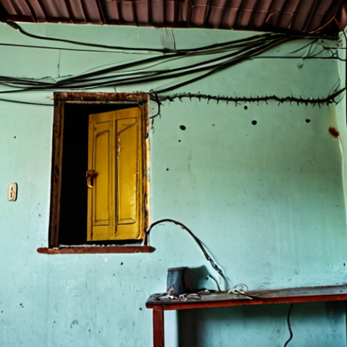 Home 4 **Image Prompt:** A Malaysian home interior with a focus on old, frayed electrical wiring. Sparks are subtly visible near a cracked wire. The scene should convey a sense of hidden danger.