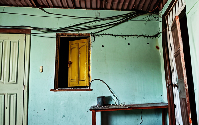 **Image Prompt:** A Malaysian home interior with a focus on old, frayed electrical wiring. Sparks are subtly visible near a cracked wire. The scene should convey a sense of hidden danger.
