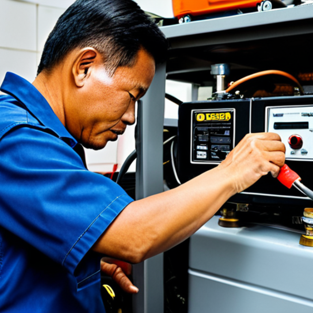 Genset Maintenance Scene**

"A Malaysian man, fully clothed in practical work attire, meticulously performing maintenance on a small gasoline generator (genset) in his well-organized garage. He is changing the oil, with tools neatly arranged. The scene is brightly lit, showing close-up detail of the engine and components. Safe for work, appropriate content, professional, modest, perfect anatomy, correct proportions, well-formed hands, proper finger count, natural body proportions, high quality, professional photography."

**