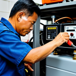 Genset Maintenance Scene**

"A Malaysian man, fully clothed in practical work attire, meticulously performing maintenance on a small gasoline generator (genset) in his well-organized garage. He is changing the oil, with tools neatly arranged. The scene is brightly lit, showing close-up detail of the engine and components. Safe for work, appropriate content, professional, modest, perfect anatomy, correct proportions, well-formed hands, proper finger count, natural body proportions, high quality, professional photography."

**