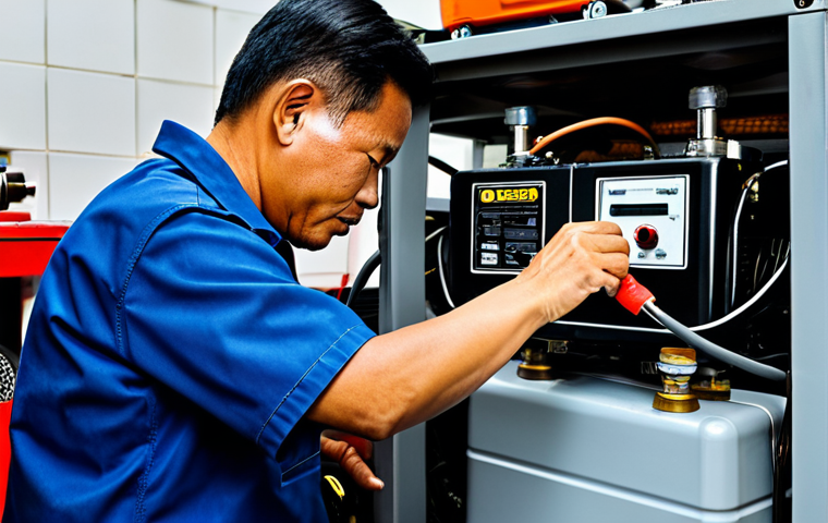Genset Maintenance Scene**

"A Malaysian man, fully clothed in practical work attire, meticulously performing maintenance on a small gasoline generator (genset) in his well-organized garage. He is changing the oil, with tools neatly arranged. The scene is brightly lit, showing close-up detail of the engine and components. Safe for work, appropriate content, professional, modest, perfect anatomy, correct proportions, well-formed hands, proper finger count, natural body proportions, high quality, professional photography."

**