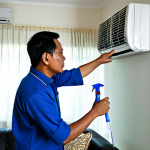 Home Air Conditioner Maintenance**

A fully clothed Malay man in appropriate attire cleaning the air conditioning filter in his home. The living room is visible in the background, showing a modest and comfortable Malaysian home setting. "Safe for work", "appropriate content", "fully clothed", "professional", perfect anatomy, correct proportions, natural pose, well-formed hands, proper finger count, natural body proportions, high quality, professional photography.

**