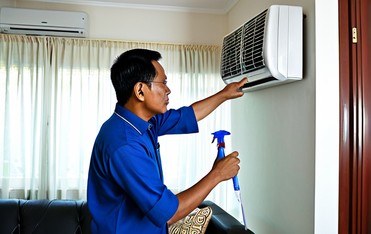 Home Air Conditioner Maintenance**
A fully clothed Malay man in appropriate attire cleaning the air conditioning filter in his home. The living room is visible in the background, showing a modest and comfortable Malaysian home setting. "Safe for work", "appropriate content", "fully clothed", "professional", perfect anatomy, correct proportions, natural pose, well-formed hands, proper finger count, natural body proportions, high quality, professional photography.
**